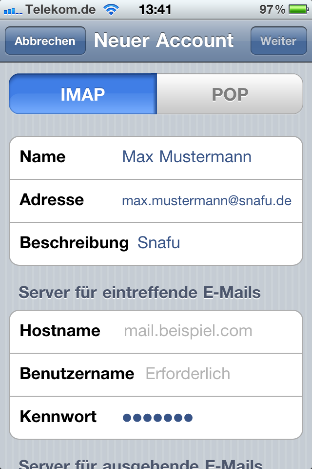EMail einrichten auf dem IPhone snafu
